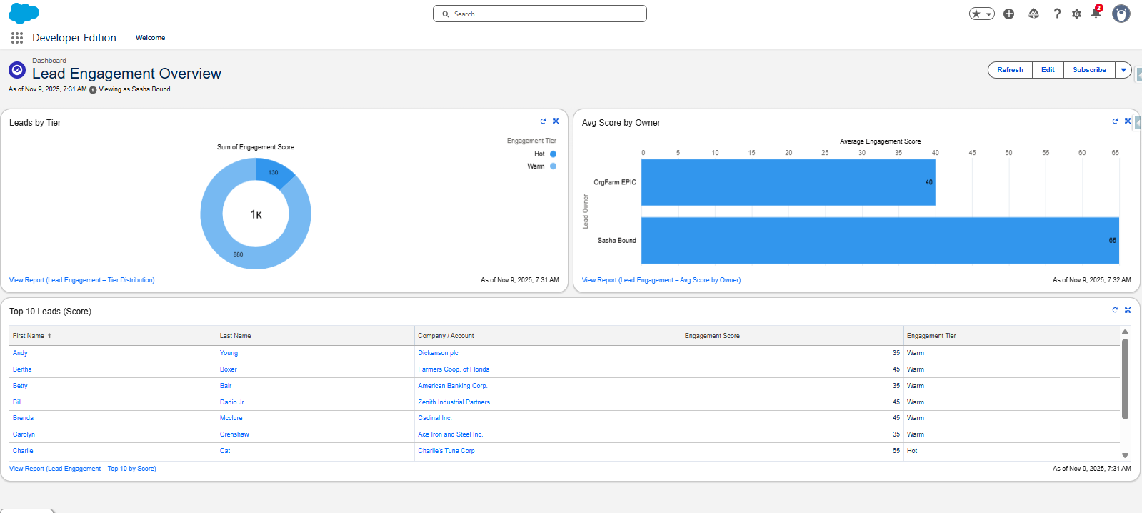 Lead Engagement Overview dashboard with charts
